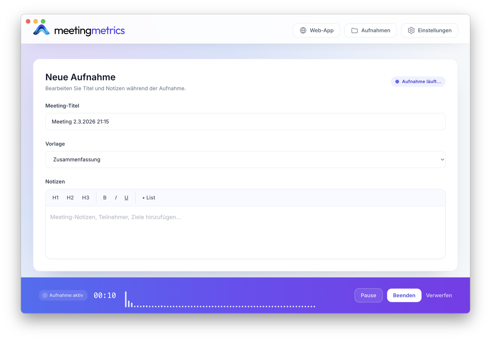 Meeting Metrics Desktop-App während einer Aufnahme