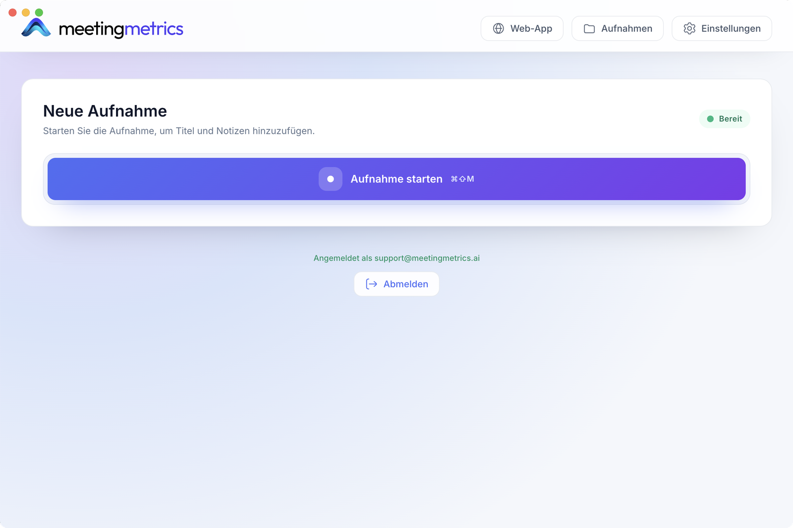 Meeting Metrics Desktop-App, bereit für eine neue Aufnahme